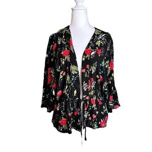 EXPRESS BLACK FLORAL CRINKLE GAUZE CINCH DRAWSTRING OPEN FRONT KIMONO TOP M